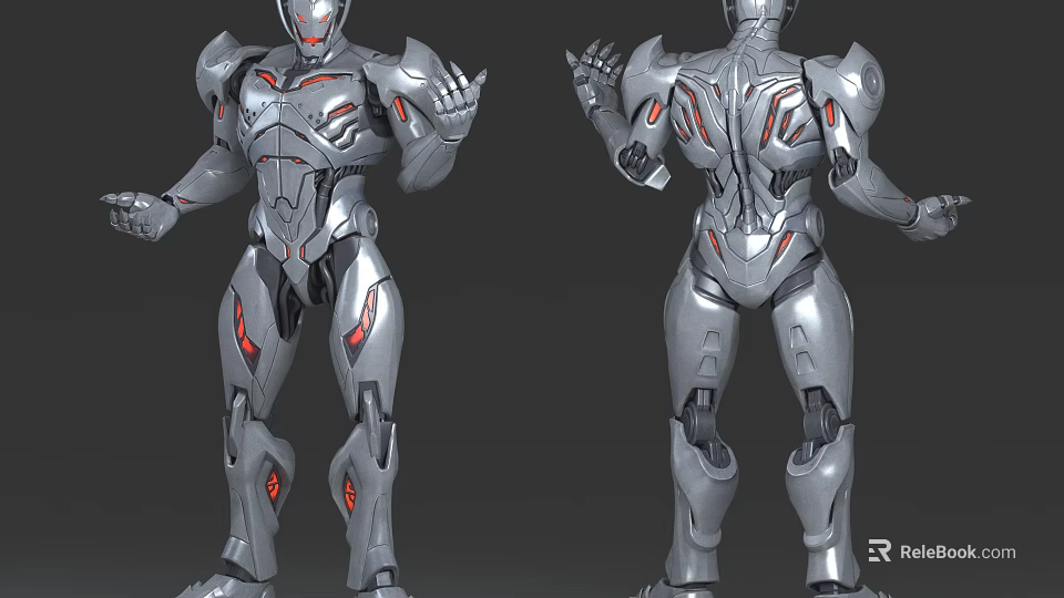 Game Movie Character Silver Mech With Red Glowing Lines Detailed Front And Back Views 3d model 