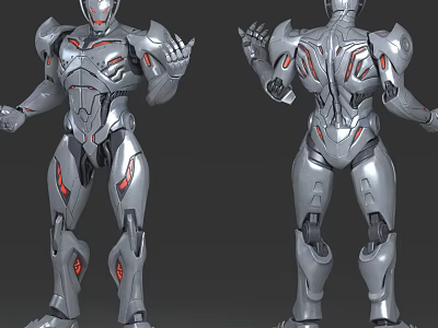 Game Movie Character Silver Mech With Red Glowing Lines Detailed Front And Back Views 3d model