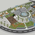 Beautiful Park Landscape Design With Circular Square Fountain Trees And Basketball Court