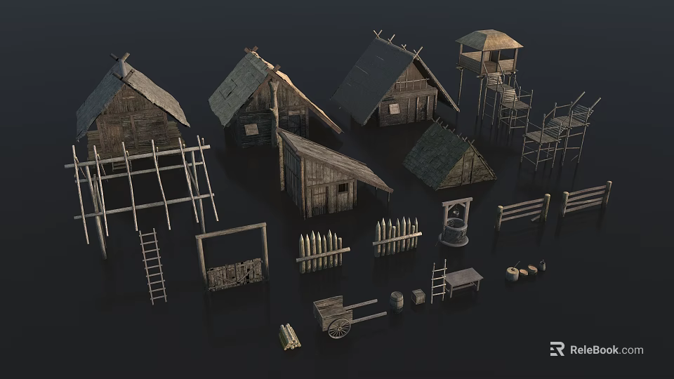 Ancient Style Thatched Roof Huts With Scaffolding Fences Wheelbarrows Ladders And Watchtower 3d model 