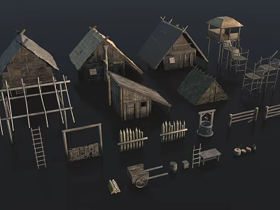 Ancient Style Thatched Roof Huts With Scaffolding Fences Wheelbarrows Ladders And Watchtower 3d model