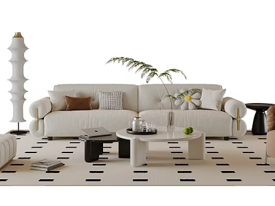 Beige Sofa And Coffee Table Set With Decorative Pillows Potted Plant On Patterned Rug 3d model