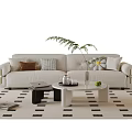 Beige Sofa And Coffee Table Set With Decorative Pillows Potted Plant On Patterned Rug