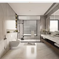 Modern Bathroom Interior Design With Shower Area Wall Mounted Toilet And Double Vanity Mirror