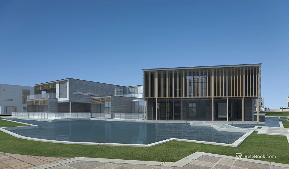 Modern Architectural Building Complex With Water Pool Green Lawn And Glass Windows 3d model 