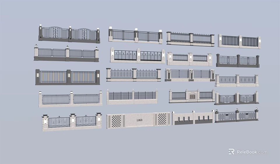 Building Exterior Wall With Various Decorative Railing Designs And Styles 3d model