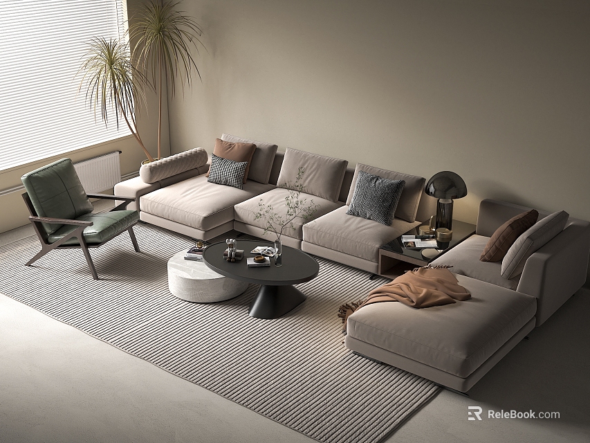 Modern Fabric Sofa Coffee Table Set With Cushions Accent Chair And Area Rug 3d model 