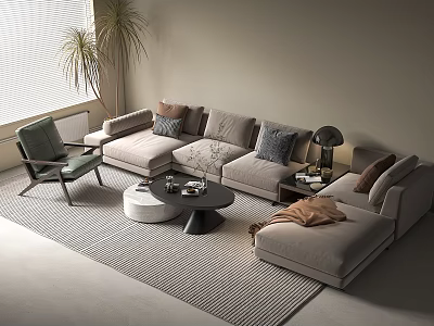 Modern Fabric Sofa Coffee Table Set With Cushions Accent Chair And Area Rug 3d model