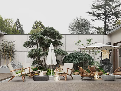 Courtyard Garden Relaxing Outdoor Area With White Umbrella Wooden Deck Stone Wall And Green Plants 3d model