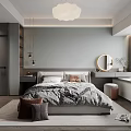 Modern Minimalist Bedroom Interior With Round Mirror Pendant Light Gray Black Bedding And Pillows