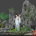 Traditional Chinese Garden Scene With Ancient Costume Lady Rockery And Lotus Plants