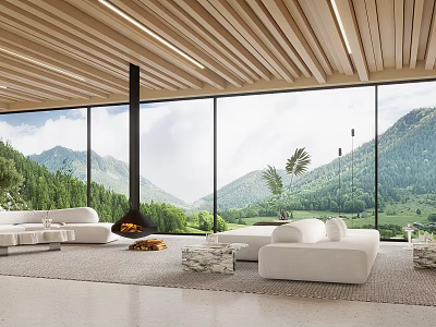 Modern Leisure Area With Wooden Ceiling Large Windows Mountain View White Sofas Fireplace And Fire 3d model