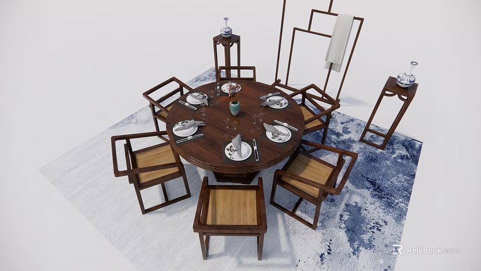 Chinese Style Wooden Round Dining Table Set With Six Chairs And Side Tables 3d model 
