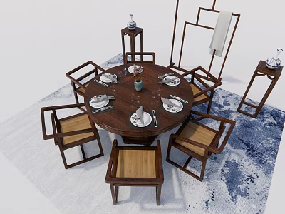 Chinese Style Wooden Round Dining Table Set With Six Chairs And Side Tables 3d model