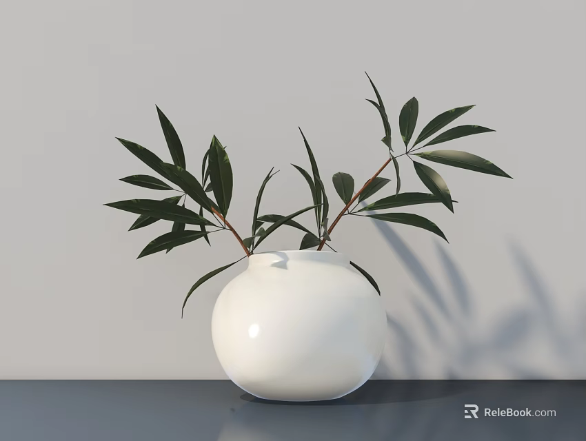 White Round Vase With Green Leaf Branches On Gray Tabletop Background 3d model