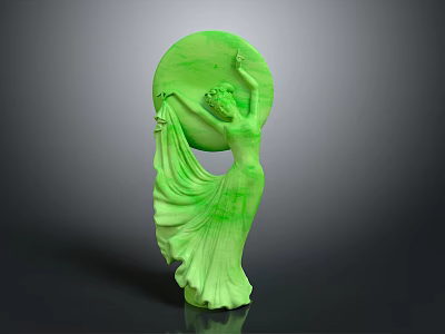 Green Female Sculpture With Flowing Dress And Circular Handheld Object Design 3d model