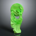 Green Female Sculpture With Flowing Dress And Circular Handheld Object Design