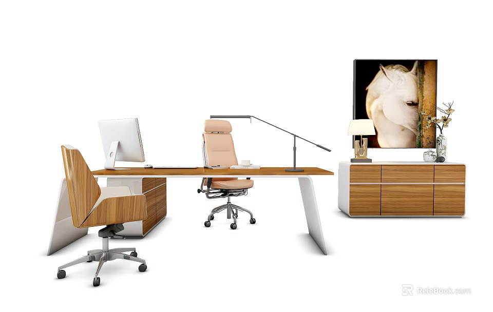 Modern Wooden Office Desk With Ergonomic Chair Computer Monitor And Decorative Painting 3d model 