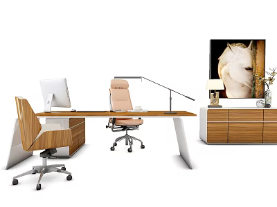 Modern Wooden Office Desk With Ergonomic Chair Computer Monitor And Decorative Painting 3d model