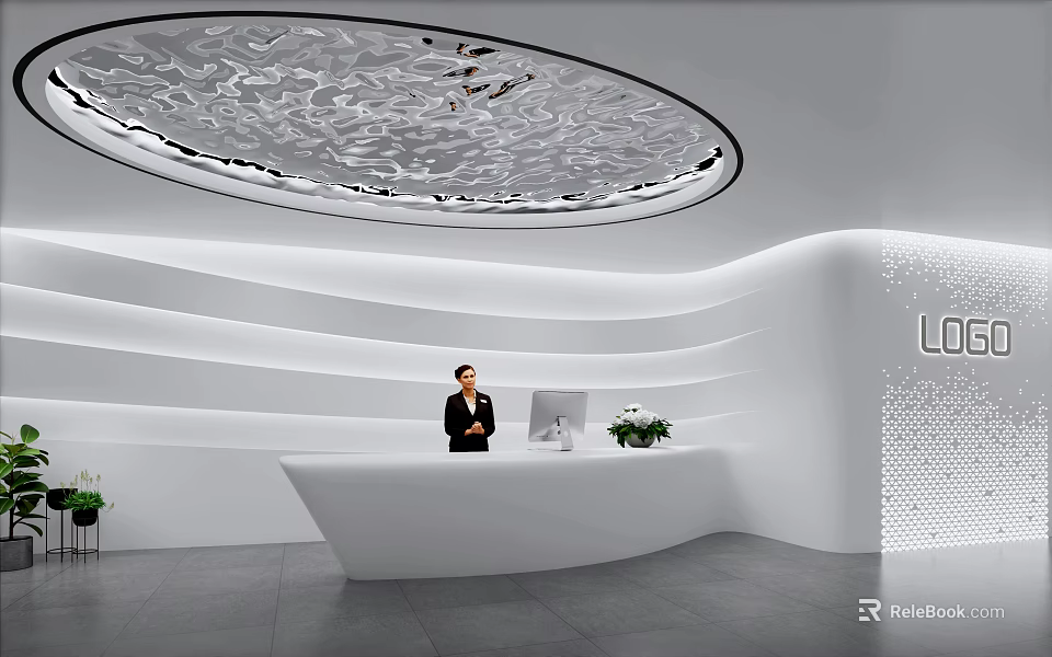 Modern White Curved Reception Desk With Wavy Walls Decorative Ceiling Green Plants And Staff Member 3d model 