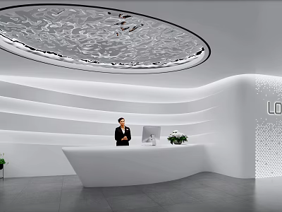 Modern White Curved Reception Desk With Wavy Walls Decorative Ceiling Green Plants And Staff Member 3d model
