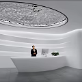 Modern White Curved Reception Desk With Wavy Walls Decorative Ceiling Green Plants And Staff Member