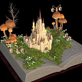 Magical Garden Plants in Open Book Scene With Castle Mushrooms Grass Flowers and Tree