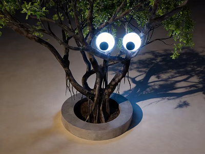 Artistic Tree Light Box Installation With Round Base And Green Foliage 3d model
