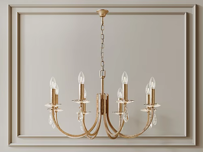 Elegant Gold Chandelier With Candle Style Bulbs And Crystal Pendants On Paneled Wall 3d model