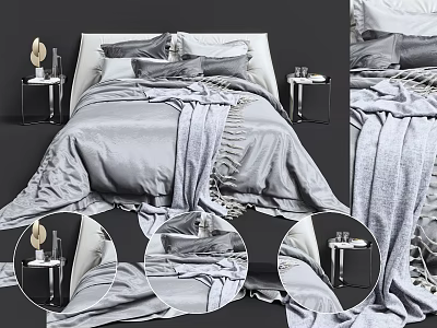 Modern Minimalist Double Bed with Grey Bedding White Headboard and Black Nightstands 3d model