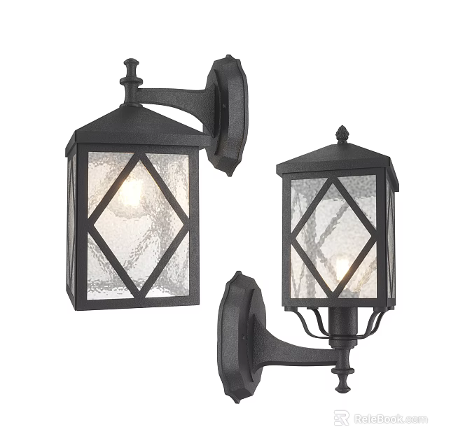 Traditional Black Wall Lights With Diamond Pattern Glass For Outdoor Illumination 3d model 