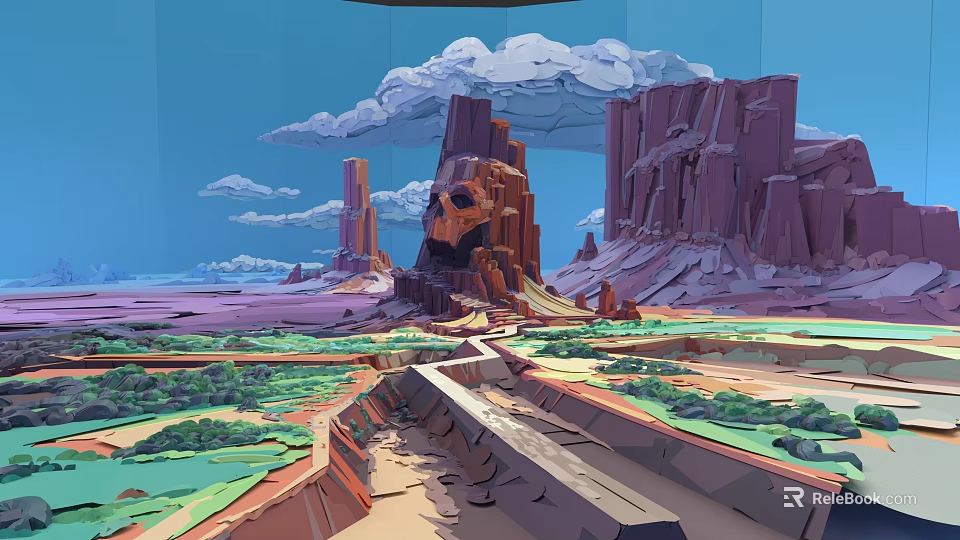 Micro Terrain Landscape Featuring Rock Formations Mountainous Structures Green Vegetation And Cloudy Sky 3d model 