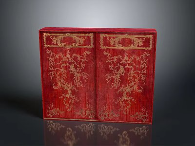 Red Double Doors with Intricate Gold Patterns and Traditional Design Elements 3d model
