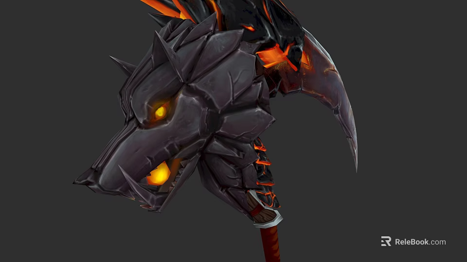 Dragon Head Battle Axe With Black Orange Flame Effects And Glowing Eyes 3d model 