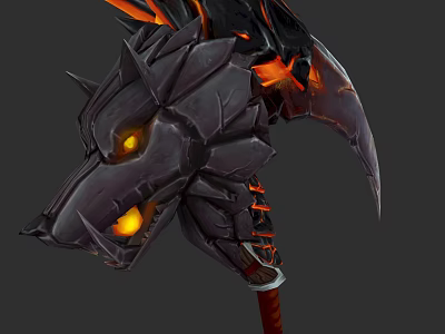 Dragon Head Battle Axe With Black Orange Flame Effects And Glowing Eyes 3d model