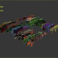 Pixel Style Weapons Featuring Various Colors In 3D Rendered Arranged 3d model