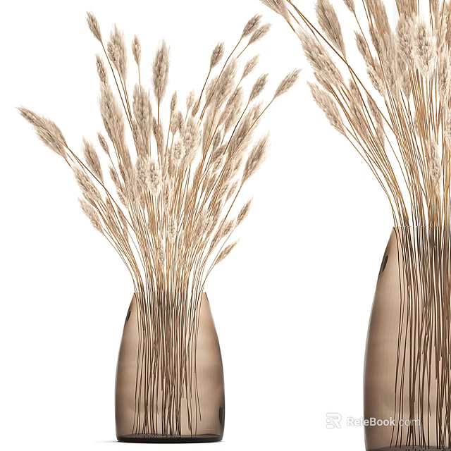 Elegant Brown Textured Vases With Dried Wheat Like Grasses For Home Decor 3d model 