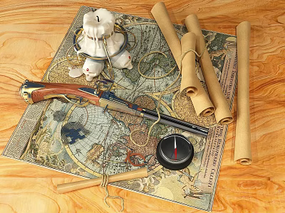 Vintage Wooden Table With Old Map Rolled Papers Compass Rifle And Statue 3d model