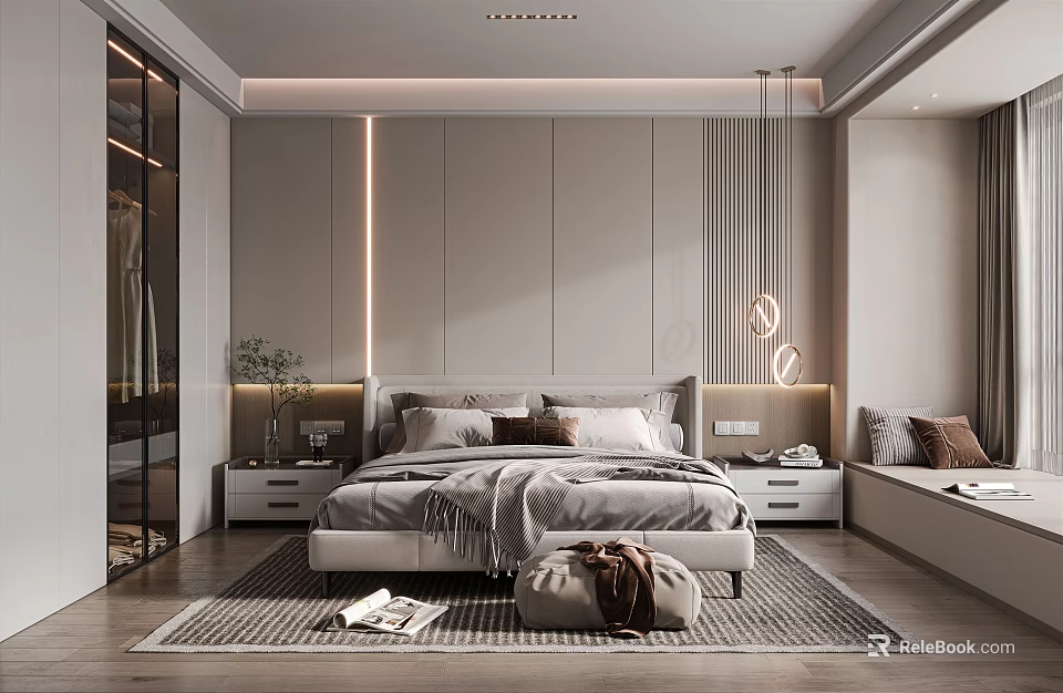 Modern Bedroom Interior Design With Large Bed Vertical Panel Walls Nightstands And Rug 3d model 