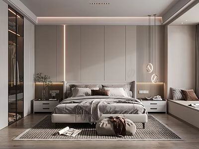 Modern Bedroom Interior Design With Large Bed Vertical Panel Walls Nightstands And Rug 3d model