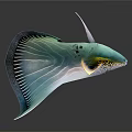 Vibrant Teal Aquatic Animal With Large Fan Shaped Fins Horn Like Structures And Yellow Eyes