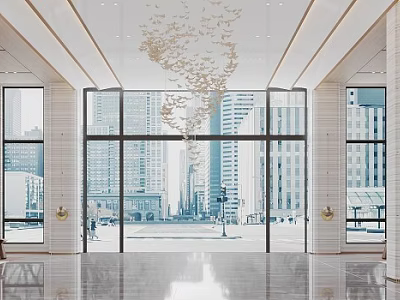 Elegant Front Desk Reception In Spacious Lobby With Large Glass Windows Polished Marble Floor And Golden Decor 3d model