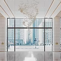 Elegant Front Desk Reception In Spacious Lobby With Large Glass Windows Polished Marble Floor And Golden Decor