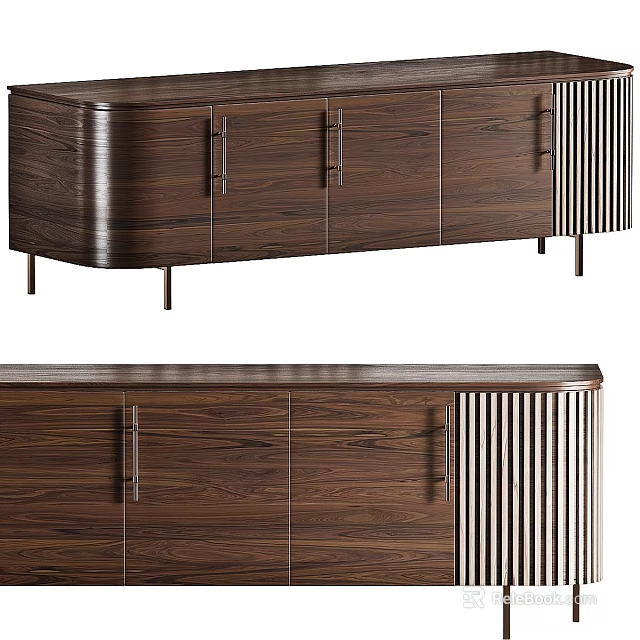 Modern Walnut Wooden Dresser With Metal Handles Vertical Slats And Slim Legs 3d model 