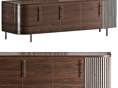 Modern Walnut Wooden Dresser With Metal Handles Vertical Slats And Slim Legs 3d model
