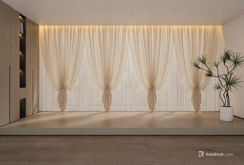 Beige Lightweight Sheer Curtains In Modern Interior With Warm Top Lighting And Potted Plant 3d model 