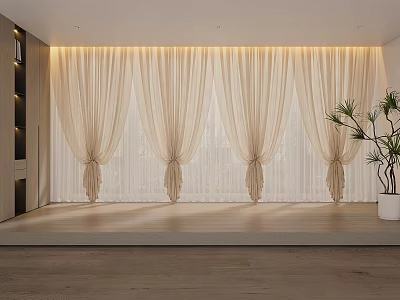Beige Lightweight Sheer Curtains In Modern Interior With Warm Top Lighting And Potted Plant 3d model