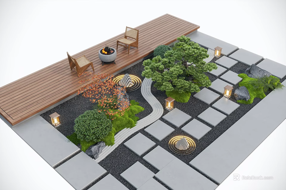 Garden Courtyard Design Featuring Wooden Deck Fire Pit Chairs Stone Tiles Greenery And Decorative Lanterns 3d model 