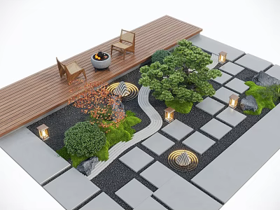 Garden Courtyard Design Featuring Wooden Deck Fire Pit Chairs Stone Tiles Greenery And Decorative Lanterns 3d model