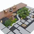 Garden Courtyard Design Featuring Wooden Deck Fire Pit Chairs Stone Tiles Greenery And Decorative Lanterns